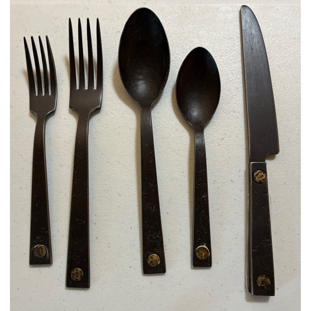 Restoration Hardware Hammered Steel Rivet Flatware Cutlery Set Blackened 5 pc